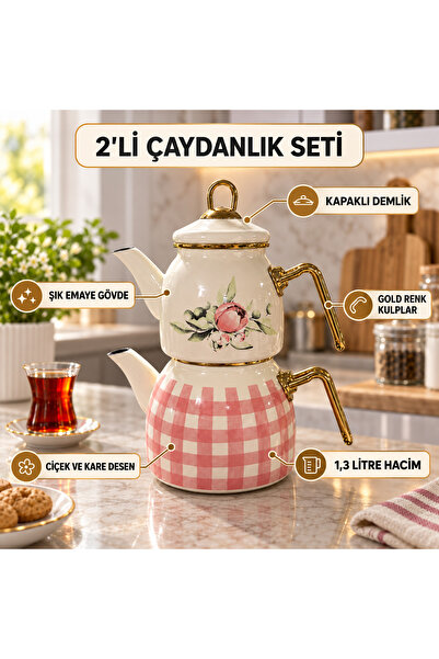 Genel Markalar 1,3 Litre 2’li Emaye Çaydanlık Seti – Desenli ve Gold Kulplu