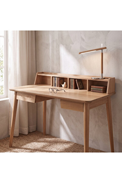 Setoso Atelier Aksel İskandinav Doğal Meşe Masif Masaüstü Organizerli Çalışma Masası