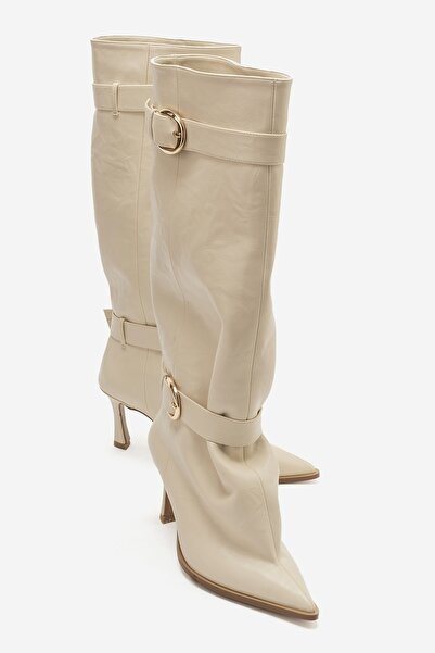 LuviShoes Marcella Ecru Belted Women's Thin Heeled Boots