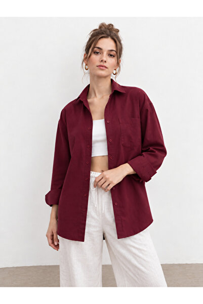 Bipantolon Women's Burgundy Oversize Basic Pocket Detailed Poplin Long Sleeve...