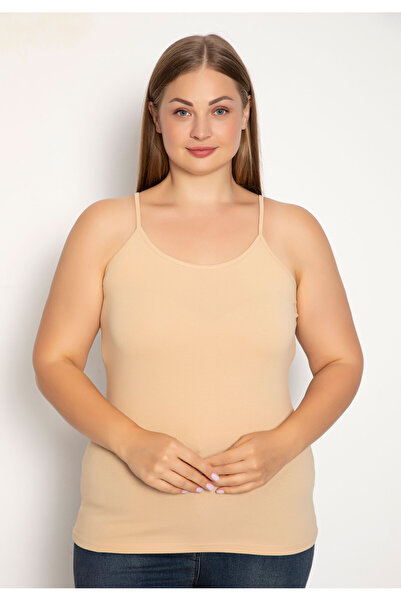 Siyah İnci Φανελάκι γυναικείο Plus Size με λεπτή τιράντα Basic - Μπεζ