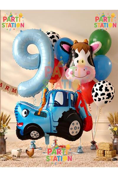 Parti Station Tractor and Cow Themed 9 Year Old Balloon Set 11 Piece Farm Con...