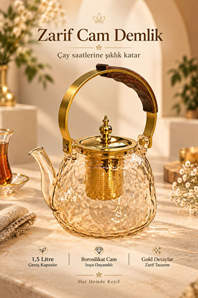 Mutfiko Premium Borosilikat Cam Demlik 1500 ml – Ocak Üstü Kullanıma Uygun Is...