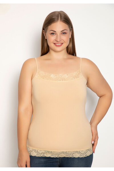 Siyah İnci Φανελάκι γυναικείο Plus Size με λεπτή τιράντα δαντέλα - Μπεζ