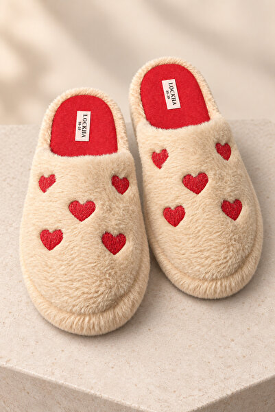 Tonny Black Women's Beige Heart Patterned Plush House Slippers