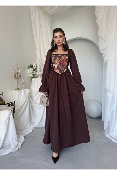 YURELİ Çiçek Desenli Korse Detaylı Balon Kollu Maxi Elbise