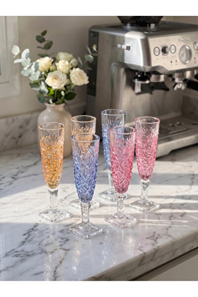 zaTen Pazar 6 Adet Premium Renkli Kristal Kesim Kadeh Bardak Seti