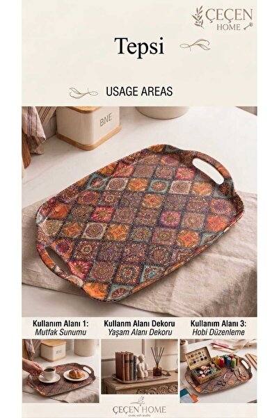 ÇEÇEN HOME صينية أصلية منقوشة مقاس 48 × 30 سم - صينية تقديم للمطبخ بمقابض مان...