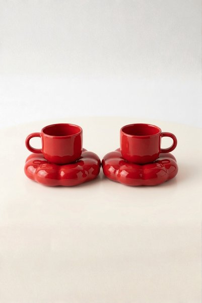 Mithra Life 2 Pieces 95 ml Daisy Shaped Ceramic Red Turkish Coffee Cup Set Mit1351