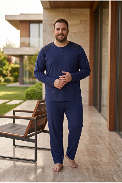 SEBOTEKS Interlock Fabric Collar Buttoned Long Sleeve Plus Size Men's Pajama ...