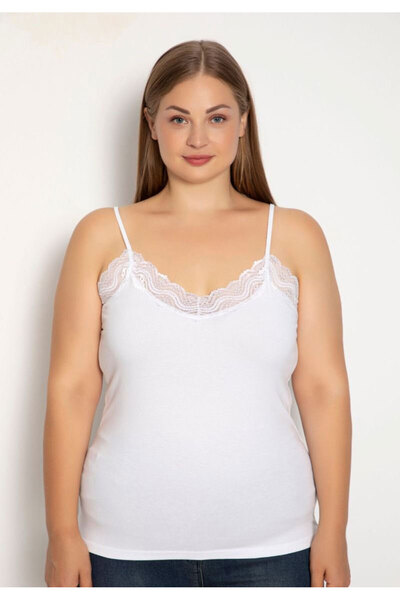 Siyah İnci Φανελάκι γυναικείο Plus Size με λεπτή τιράντα και δαντέλα - Λευκό