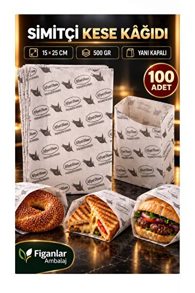 figanlar ambalaj 100 adet Baskılı Simit Kese Kağıdı 15x25 cm Beyaz Yağlı Yanı...