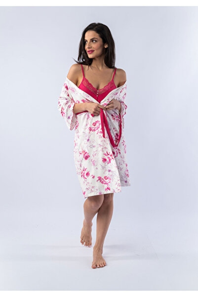 Sevim Σετ Ρόμπα - Νυχτικό Pink Lace Floral - Εκρού