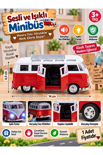 BYCEGU 14 cm Sesli ve Işıklı Oyuncak Klasik Minibüs – Açılabilir Kapılı Sarı Kırmız Yeşil Modellerde