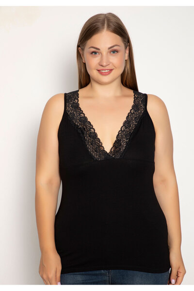 Siyah İnci Φανελάκι γυναικείο Plus Size με φαρδιά τιράντα Lace - Μαύρο