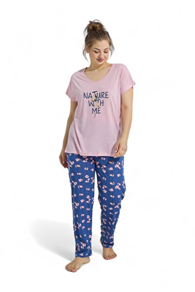 PİJAMOOD Πιτζάμα γυναικεία με μακρύ παντελόνι Plus Size Nature - Ροζ