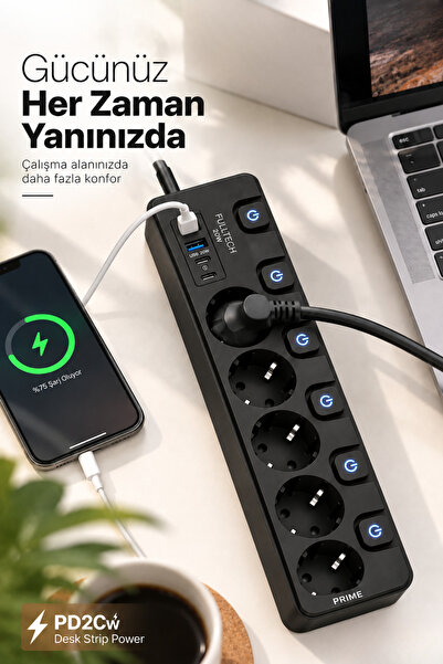 Yussraw FTR-31 Akım Korumalı Priz Siyah 9’lu (5 Priz + 2 USB-A + 2 USB-C) 3680W 16A, 2 Metre Kablolu