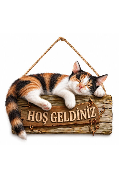 MARNELLO CONSEPT Calico Kedi "Hoş Geldiniz" Ahşap MDF Kapı Süsü - Üç Renkli K...