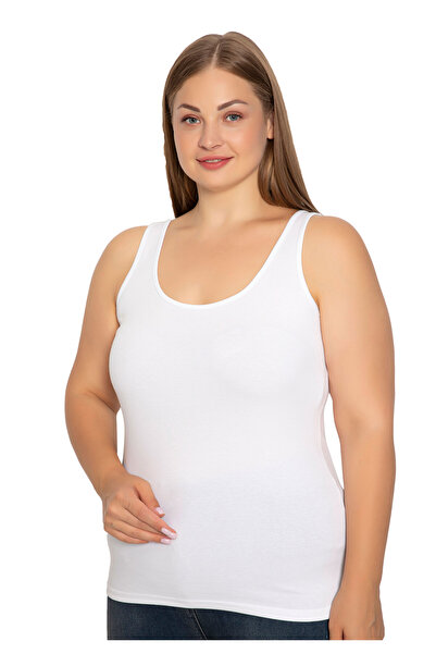 Siyah İnci Φανελάκι γυναικείο Plus Size με φαρδιά τιράντα Basic - Λευκό