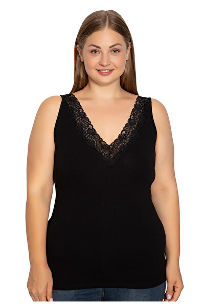 Siyah İnci Φανελάκι γυναικείο Plus Size με φαρδιά τιράντα Lace - Μπεζ