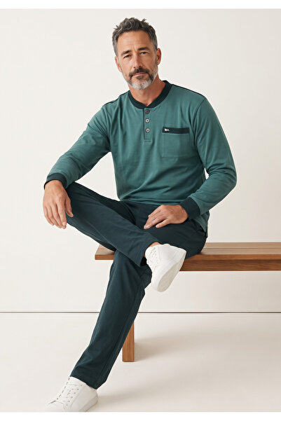 COLLECTİON Ανδρική Πιτζάμα Henley Φούτερ 65% Βαμβάκι Ελληνικής Κατασκευής Πρά...