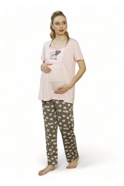 PİJAMOOD Πιτζάμα εγκυμοσύνης με ρόμπα Hallo Baby - Ροζ