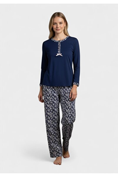 COLLECTİON Γυναικεία Πιτζάμα Βαμβακερή Navy Blossom - Μπλε