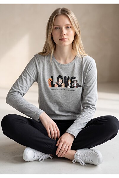 Minerva Γυναικεία Πιτζάμα Love 100% Βαμβακερή Πενιέ Γκρί Μελανζέ - Γκρι