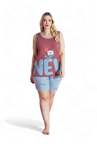 PİJAMOOD Πιτζάμα γυναικεία με σορτσάκι Plus Size Letter - Γαλάζιο