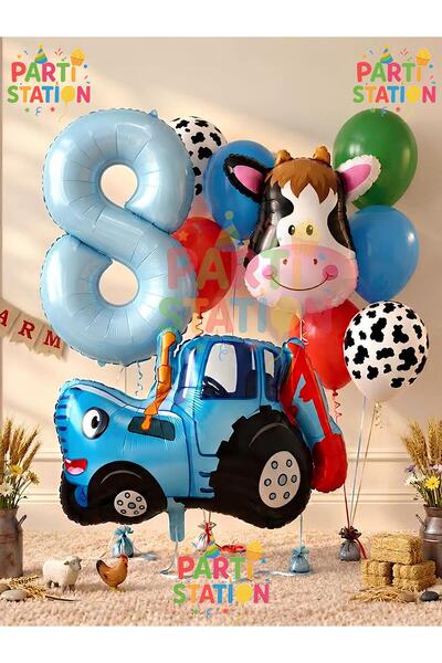 Parti Station Tractor and Cow Themed 8 Year Old Balloon Set 11 Piece Farm Con...