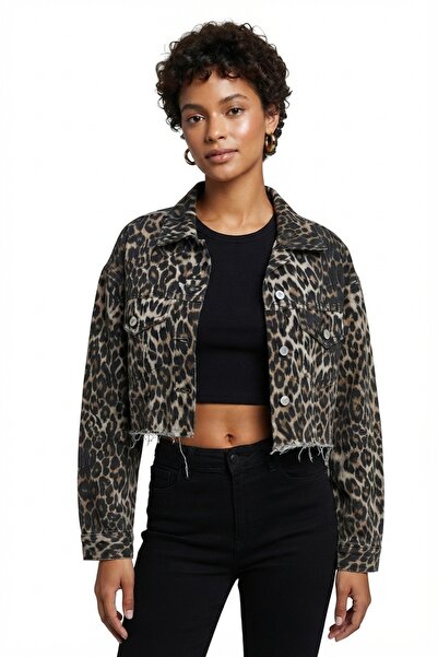 DENİKK Trendy Leopard Pattern Cropped Denim Jacket