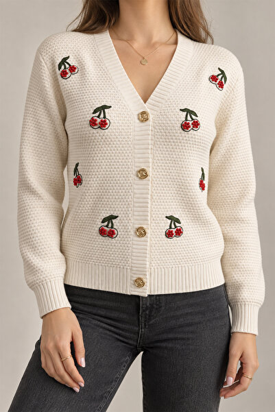 Beyome Women's Cherry Embroidered Knitwear Cardigan V-Neck Buttoned Knitted S...