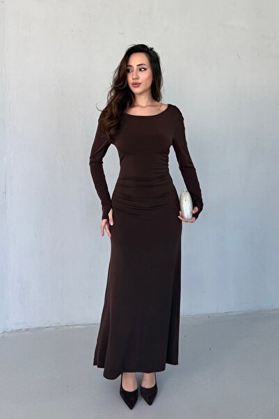 Serica Moda Brown Backless Gathered Long Dress