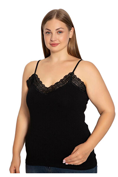 Siyah İnci Φανελάκι γυναικείο Plus Size με λεπτή τιράντα και δαντέλα - Μαύρο