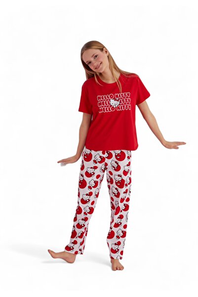 Siyah İnci Πιτζάμα γυναικεία με μακρύ παντελόνι Hello Kitty Playful - Κόκκινο