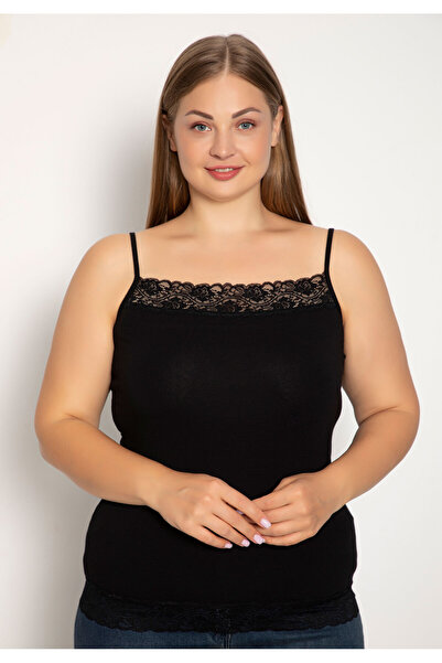 Siyah İnci Φανελάκι γυναικείο Plus Size με λεπτή τιράντα δαντέλα - Μαύρο