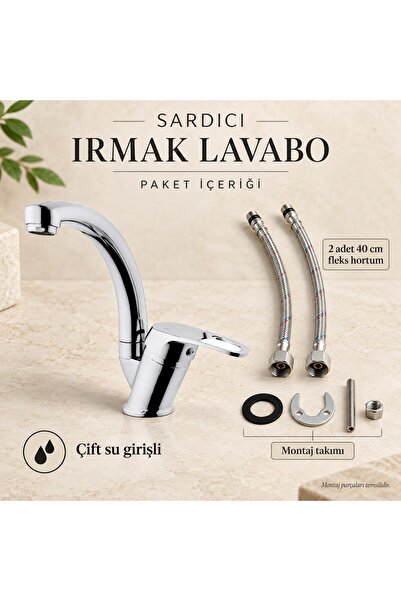 Sardıcı Irmak Krom Kısa Kuğu Lavabo Bataryası Çift Su Girişli 40 cm Hortum ve Montaj Takımı Dahil