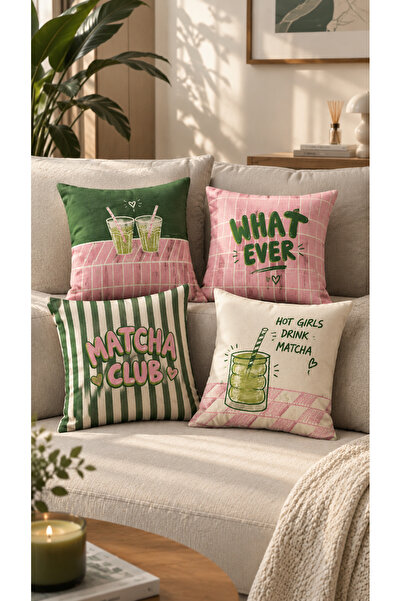 Nari Collections Yeşil Pembe Çizgili ve Ekoseli Matcha Desenli 4'lü Kırlent K...