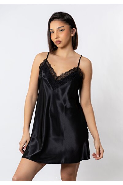 Cottonhill Νυχτικό σατέν Babydoll Lace Black - Μαύρο