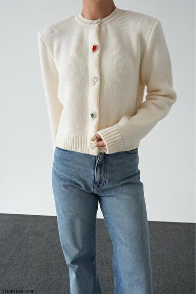 CADDELAMODA Women's Stone Button Detailed Soft Premium Cardigan
