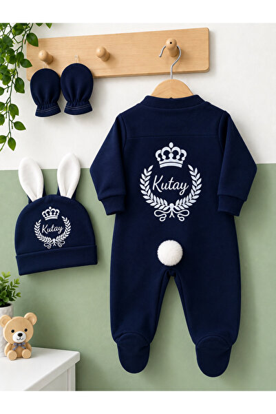 babyqold Kişiye Özel İsimli Erkek Bebek Tulum Bere Eldiven – Lacivert Taç Bas...