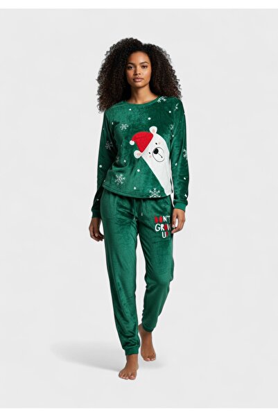 VİENETTA Γυναικεία Πιτζάμα Fleece “Christmas Bear” Πράσινη - Πράσινο
