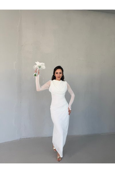 Serica Moda Ecru Degaje Collar Tulle Sleeves Long Dress