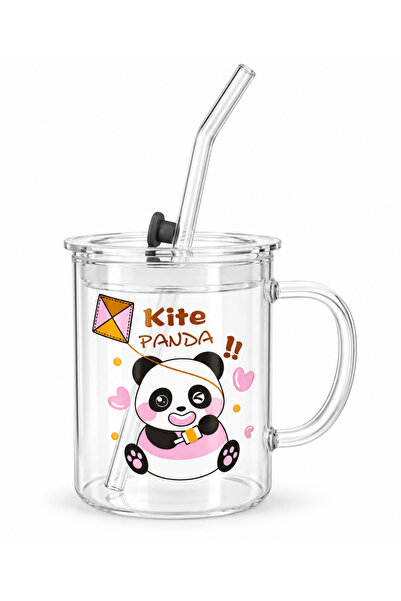 3NUR Panda Desenli Cam Pipetli Vakum Kapaklı Kupa 500 ml Şeffaf Bardak