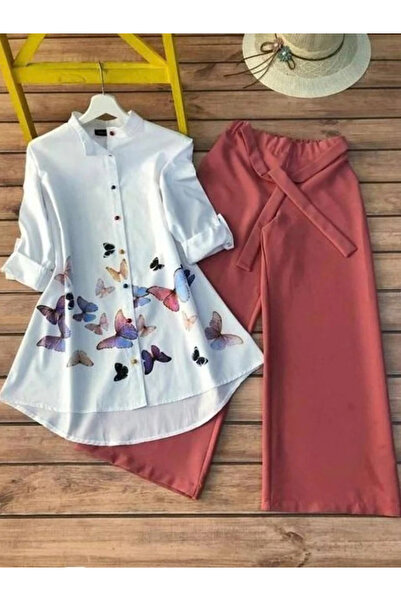 MYSMAR Baby Pink Butterfly Print Tunic Palazzo Set - NJF7855 | Baby Pink-Size...