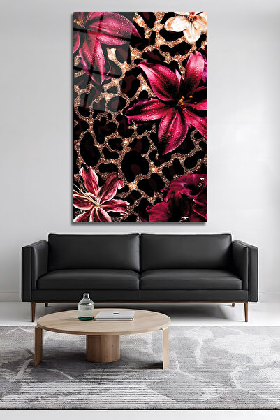 BERSED Leopar Desenli Pembe Çiçekli Cam Tablo Siyah Gold Modern Dekoratif Duv...