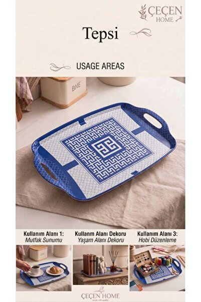 ÇEÇEN HOME صينية أصلية منقوشة مقاس 48 × 30 سم - صينية تقديم للمطبخ بمقابض مان...