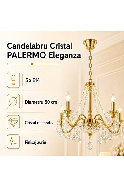 SELEXMO Candelabru Cristal PALERMO Eleganza 5xE14, Diametru 50cm, Auriu