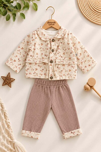 dinamik çocuk Baby Girl 3-Piece Set Floral Patterned Knitwear Jacket Seasonal...