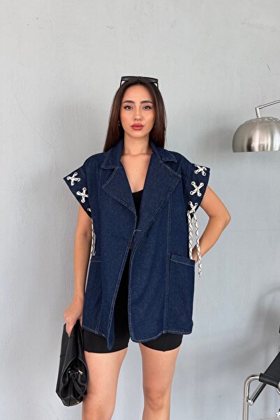 Serica Moda Lacivert Şerit İp Detaylı Denim Yelek